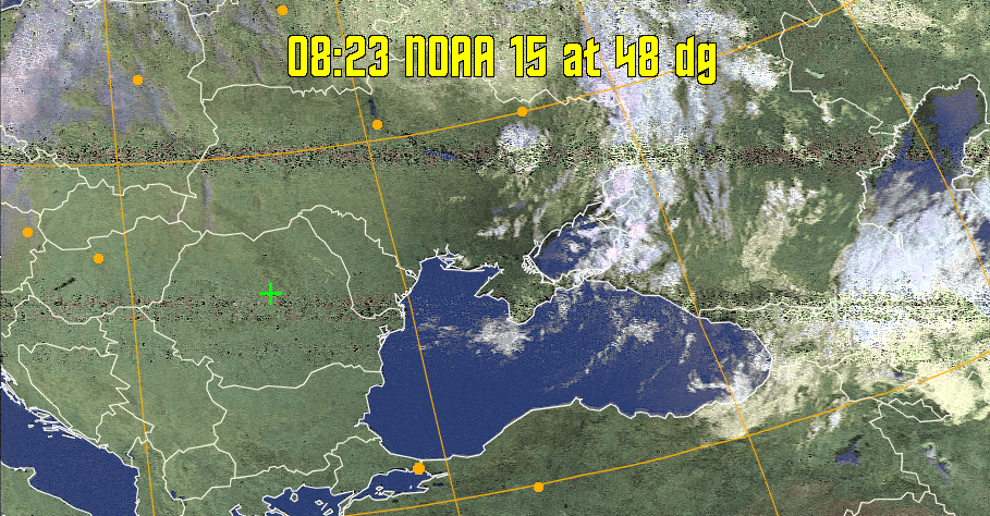 HVCT:
Similar to HVC, but with blue water and with colours more indicative of
land temperatures.
HVC:
Creates a false colour image from NOAA APT images based on temperature using
the HVC colour model. Uses the temperature derived from the sensor 4 image to
select the hue and the brightness from the histogram equalised other image to
select the value and chroma. The HVC colour model attempts to ensure that different colours at the same value will appear to the eye to be the same brightness
and the spacing between colours representing each degree will appear to the eye to
be similar. Bright areas are completely unsaturated in this model.