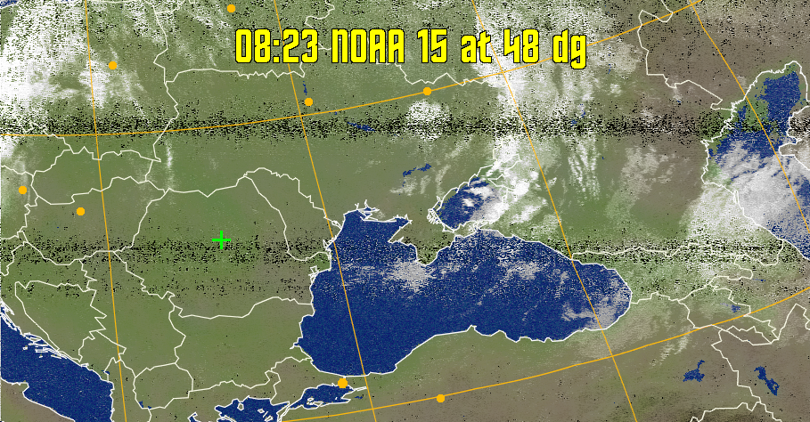 MCIR-precip: 
Colours the NOAA sensor 4 IR image using a map to colour the sea blue and land
green. High clouds appear white, lower clouds gray or land/sea coloured, clouds
generally appear lighter, but distinguishing between land/sea and low cloud may
be difficult. Darker colours indicate warmer regions.