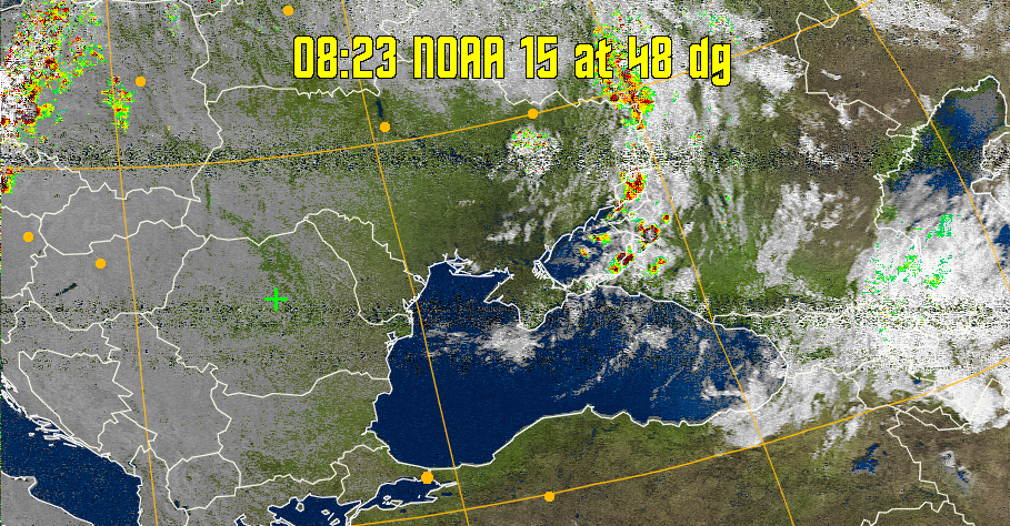 MSA-precip:
Same as MSA multispectral analysis, but high cold cloud tops are coloured the
same as the NO enhancement to give an approximate indication of the probability
and intensity of precipitation.