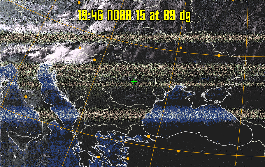 HVCT:
Similar to HVC, but with blue water and with colours more indicative of
land temperatures.
HVC:
Creates a false colour image from NOAA APT images based on temperature using
the HVC colour model. Uses the temperature derived from the sensor 4 image to
select the hue and the brightness from the histogram equalised other image to
select the value and chroma. The HVC colour model attempts to ensure that different colours at the same value will appear to the eye to be the same brightness
and the spacing between colours representing each degree will appear to the eye to
be similar. Bright areas are completely unsaturated in this model.