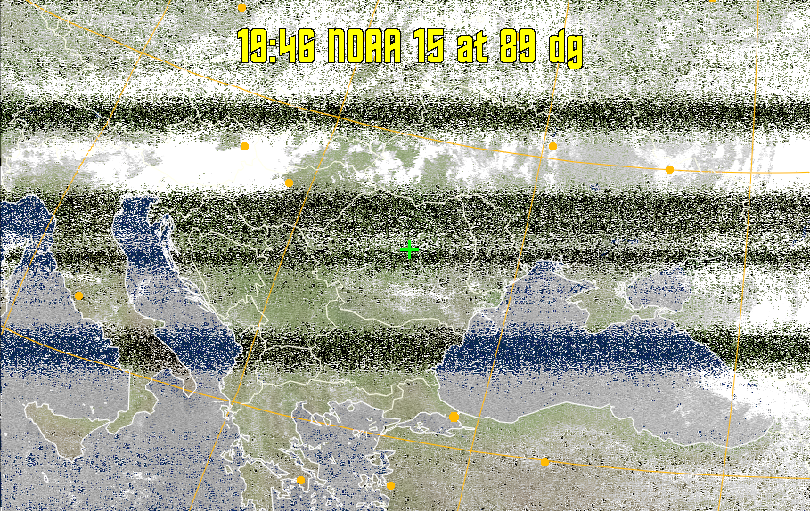 MCIR-precip: 
Colours the NOAA sensor 4 IR image using a map to colour the sea blue and land
green. High clouds appear white, lower clouds gray or land/sea coloured, clouds
generally appear lighter, but distinguishing between land/sea and low cloud may
be difficult. Darker colours indicate warmer regions.