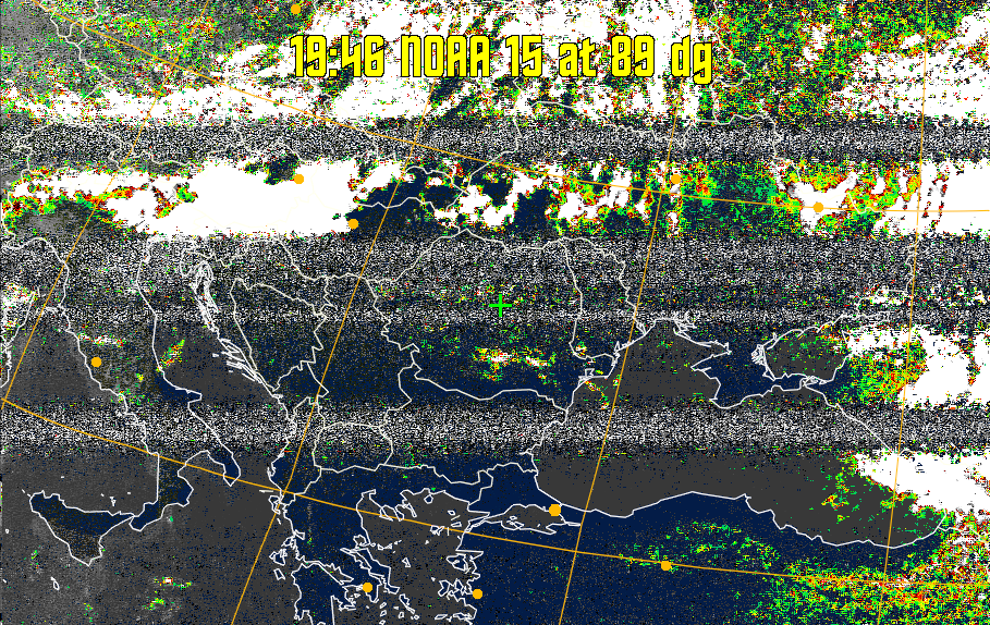MSA-precip:
Same as MSA multispectral analysis, but high cold cloud tops are coloured the
same as the NO enhancement to give an approximate indication of the probability
and intensity of precipitation.
