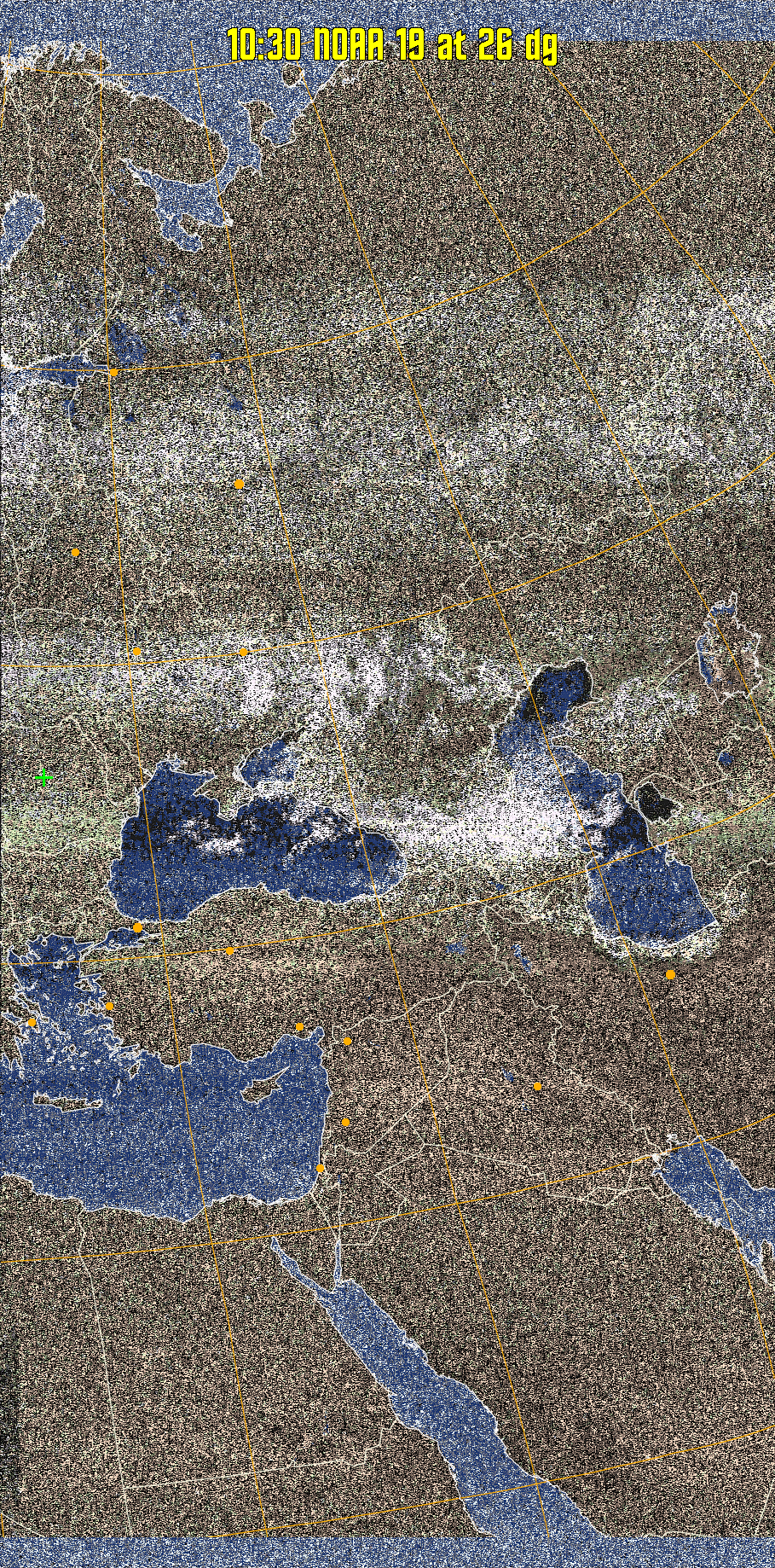 HVCT:
Similar to HVC, but with blue water and with colours more indicative of
land temperatures.
HVC:
Creates a false colour image from NOAA APT images based on temperature using
the HVC colour model. Uses the temperature derived from the sensor 4 image to
select the hue and the brightness from the histogram equalised other image to
select the value and chroma. The HVC colour model attempts to ensure that different colours at the same value will appear to the eye to be the same brightness
and the spacing between colours representing each degree will appear to the eye to
be similar. Bright areas are completely unsaturated in this model.