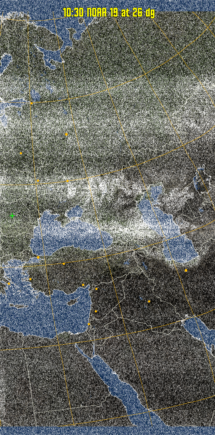 MCIR-precip: 
Colours the NOAA sensor 4 IR image using a map to colour the sea blue and land
green. High clouds appear white, lower clouds gray or land/sea coloured, clouds
generally appear lighter, but distinguishing between land/sea and low cloud may
be difficult. Darker colours indicate warmer regions.