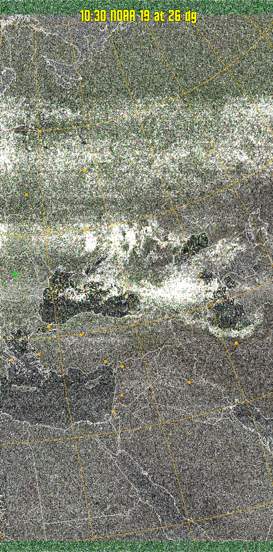 MSA-precip:
Same as MSA multispectral analysis, but high cold cloud tops are coloured the
same as the NO enhancement to give an approximate indication of the probability
and intensity of precipitation.