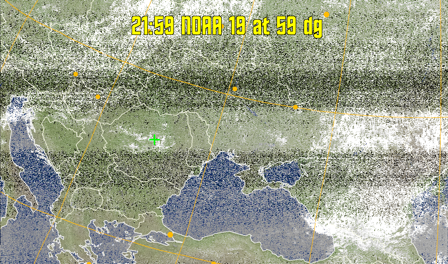 MCIR-precip: 
Colours the NOAA sensor 4 IR image using a map to colour the sea blue and land
green. High clouds appear white, lower clouds gray or land/sea coloured, clouds
generally appear lighter, but distinguishing between land/sea and low cloud may
be difficult. Darker colours indicate warmer regions.