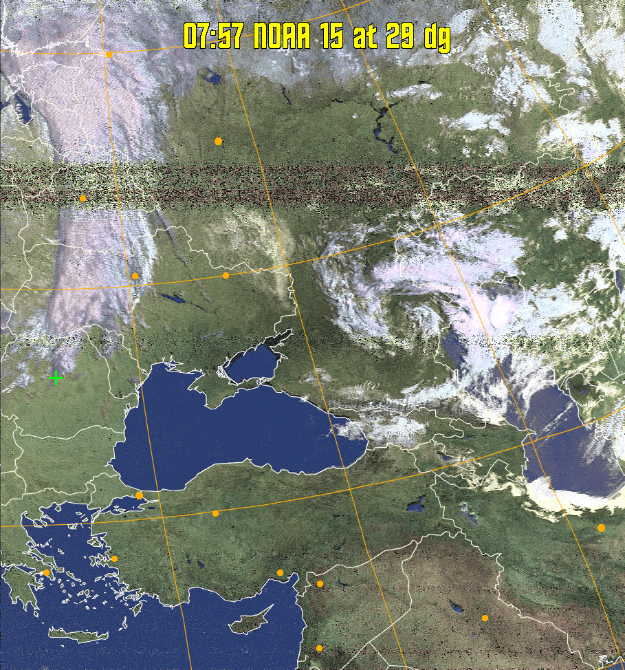 HVCT:
Similar to HVC, but with blue water and with colours more indicative of
land temperatures.
HVC:
Creates a false colour image from NOAA APT images based on temperature using
the HVC colour model. Uses the temperature derived from the sensor 4 image to
select the hue and the brightness from the histogram equalised other image to
select the value and chroma. The HVC colour model attempts to ensure that different colours at the same value will appear to the eye to be the same brightness
and the spacing between colours representing each degree will appear to the eye to
be similar. Bright areas are completely unsaturated in this model.