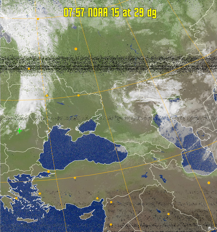 MCIR-precip: 
Colours the NOAA sensor 4 IR image using a map to colour the sea blue and land
green. High clouds appear white, lower clouds gray or land/sea coloured, clouds
generally appear lighter, but distinguishing between land/sea and low cloud may
be difficult. Darker colours indicate warmer regions.