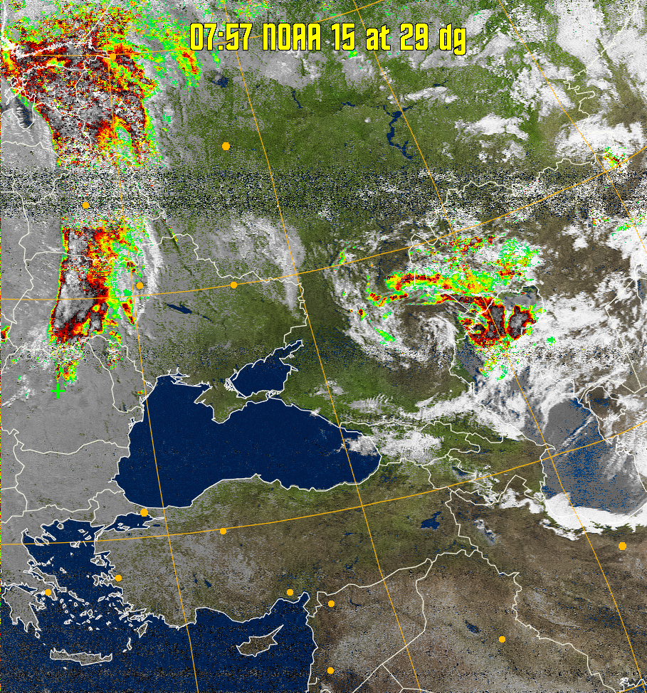 MSA-precip:
Same as MSA multispectral analysis, but high cold cloud tops are coloured the
same as the NO enhancement to give an approximate indication of the probability
and intensity of precipitation.