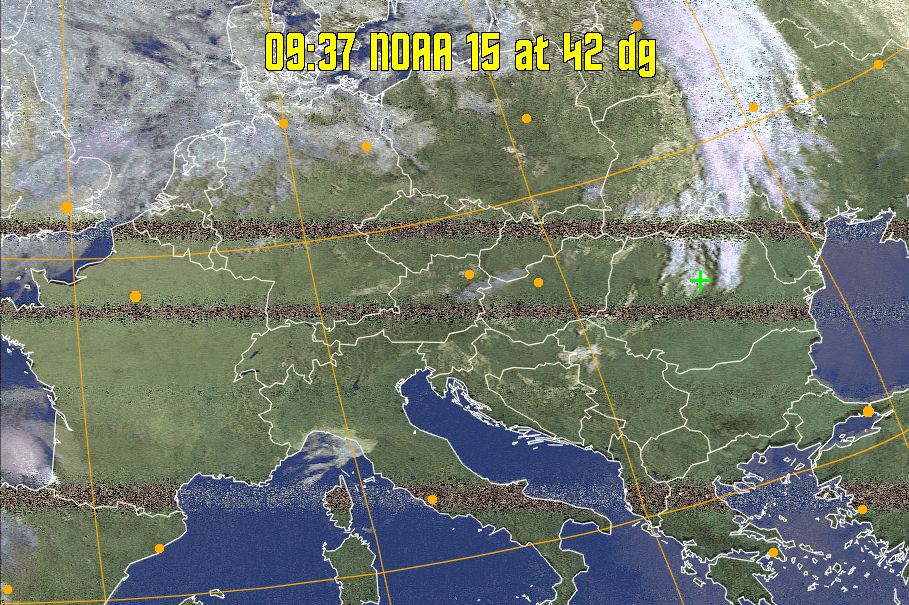 HVCT:
Similar to HVC, but with blue water and with colours more indicative of
land temperatures.
HVC:
Creates a false colour image from NOAA APT images based on temperature using
the HVC colour model. Uses the temperature derived from the sensor 4 image to
select the hue and the brightness from the histogram equalised other image to
select the value and chroma. The HVC colour model attempts to ensure that different colours at the same value will appear to the eye to be the same brightness
and the spacing between colours representing each degree will appear to the eye to
be similar. Bright areas are completely unsaturated in this model.