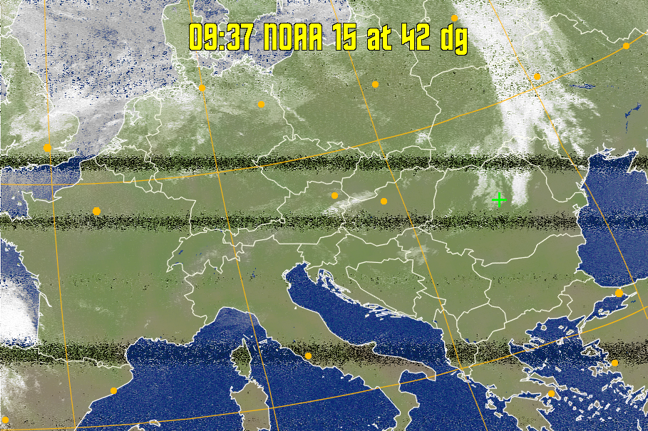 MCIR-precip: 
Colours the NOAA sensor 4 IR image using a map to colour the sea blue and land
green. High clouds appear white, lower clouds gray or land/sea coloured, clouds
generally appear lighter, but distinguishing between land/sea and low cloud may
be difficult. Darker colours indicate warmer regions.