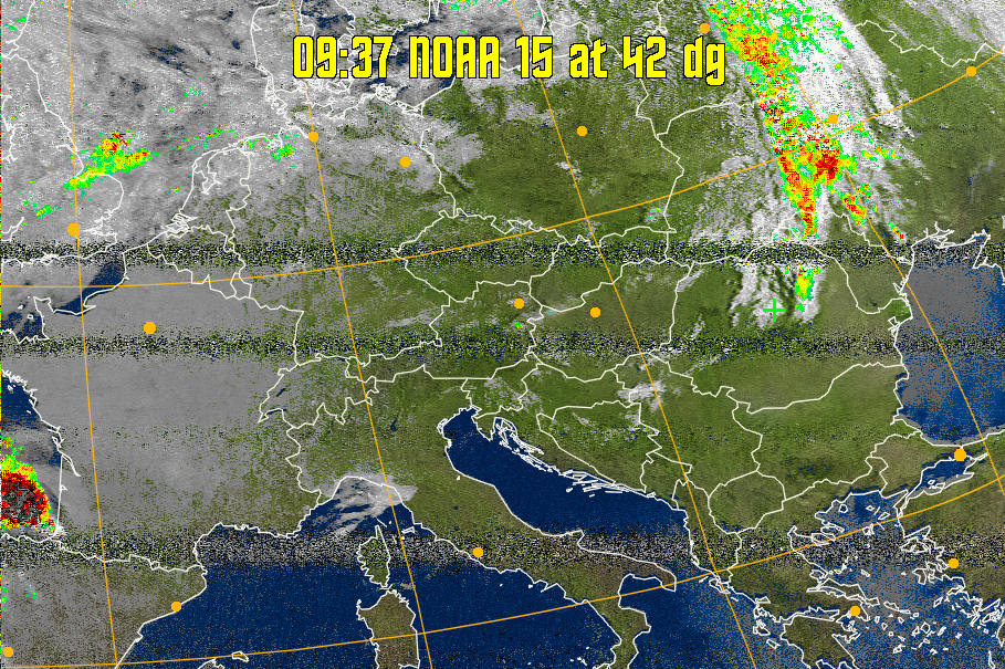 MSA-precip:
Same as MSA multispectral analysis, but high cold cloud tops are coloured the
same as the NO enhancement to give an approximate indication of the probability
and intensity of precipitation.