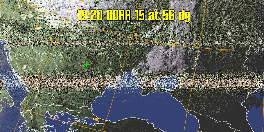 HVCT:
Similar to HVC, but with blue water and with colours more indicative of
land temperatures.
HVC:
Creates a false colour image from NOAA APT images based on temperature using
the HVC colour model. Uses the temperature derived from the sensor 4 image to
select the hue and the brightness from the histogram equalised other image to
select the value and chroma. The HVC colour model attempts to ensure that different colours at the same value will appear to the eye to be the same brightness
and the spacing between colours representing each degree will appear to the eye to
be similar. Bright areas are completely unsaturated in this model.