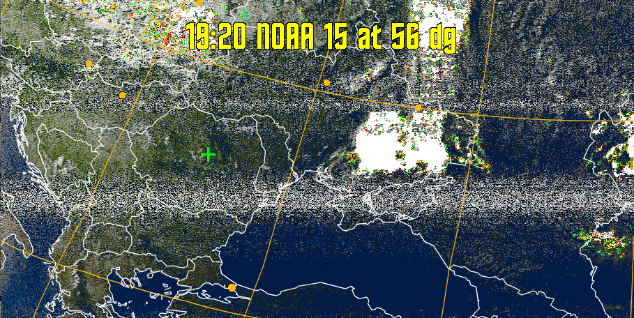 MSA-precip:
Same as MSA multispectral analysis, but high cold cloud tops are coloured the
same as the NO enhancement to give an approximate indication of the probability
and intensity of precipitation.