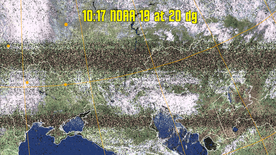 HVCT:
Similar to HVC, but with blue water and with colours more indicative of
land temperatures.
HVC:
Creates a false colour image from NOAA APT images based on temperature using
the HVC colour model. Uses the temperature derived from the sensor 4 image to
select the hue and the brightness from the histogram equalised other image to
select the value and chroma. The HVC colour model attempts to ensure that different colours at the same value will appear to the eye to be the same brightness
and the spacing between colours representing each degree will appear to the eye to
be similar. Bright areas are completely unsaturated in this model.