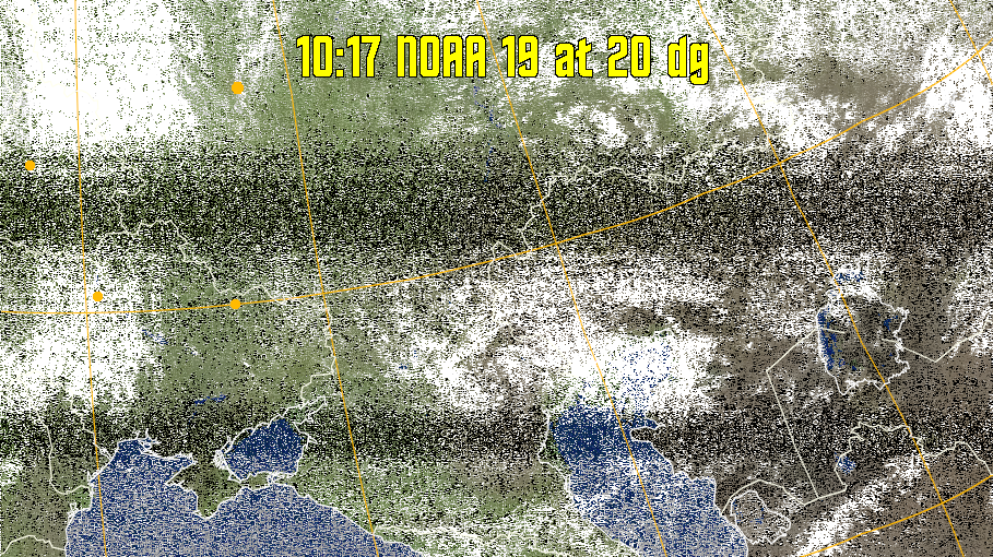 MCIR-precip: 
Colours the NOAA sensor 4 IR image using a map to colour the sea blue and land
green. High clouds appear white, lower clouds gray or land/sea coloured, clouds
generally appear lighter, but distinguishing between land/sea and low cloud may
be difficult. Darker colours indicate warmer regions.
