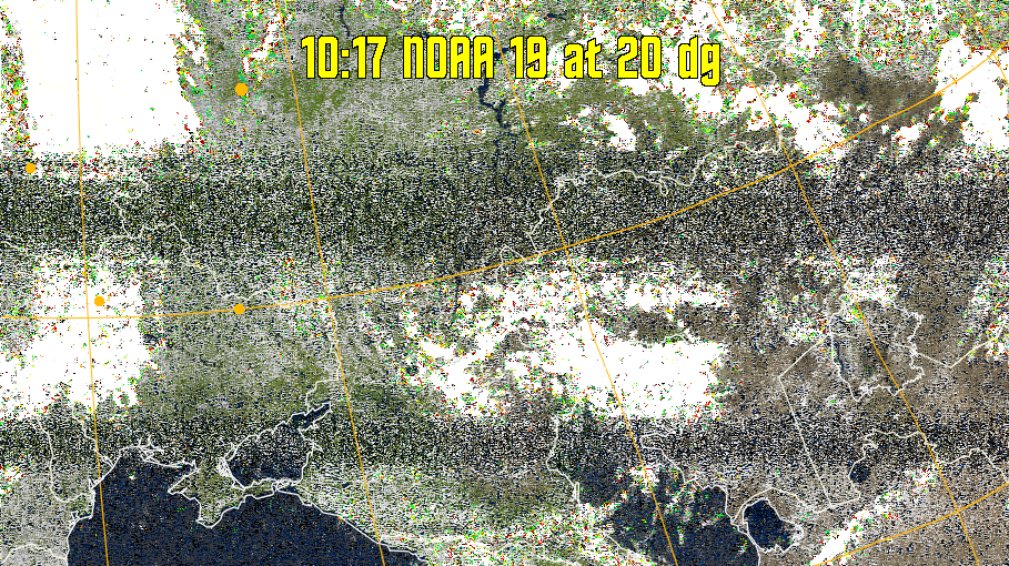 MSA-precip:
Same as MSA multispectral analysis, but high cold cloud tops are coloured the
same as the NO enhancement to give an approximate indication of the probability
and intensity of precipitation.