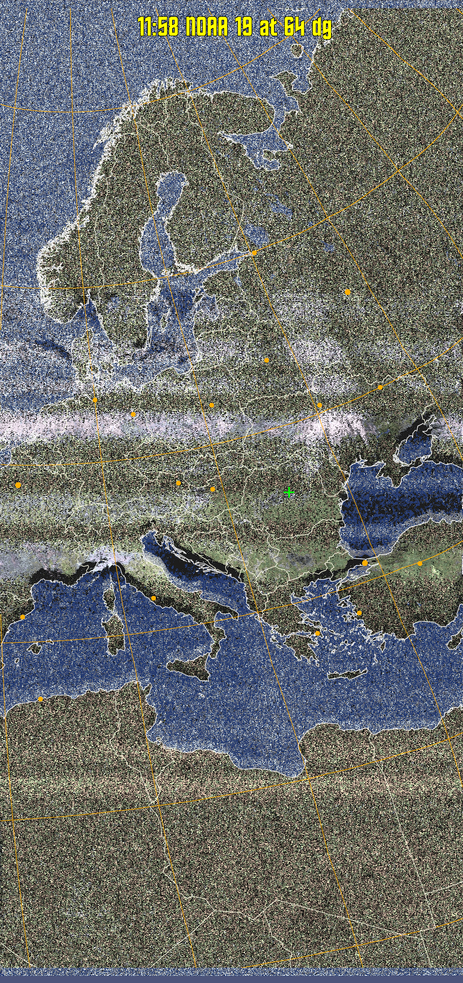 HVCT:
Similar to HVC, but with blue water and with colours more indicative of
land temperatures.
HVC:
Creates a false colour image from NOAA APT images based on temperature using
the HVC colour model. Uses the temperature derived from the sensor 4 image to
select the hue and the brightness from the histogram equalised other image to
select the value and chroma. The HVC colour model attempts to ensure that different colours at the same value will appear to the eye to be the same brightness
and the spacing between colours representing each degree will appear to the eye to
be similar. Bright areas are completely unsaturated in this model.