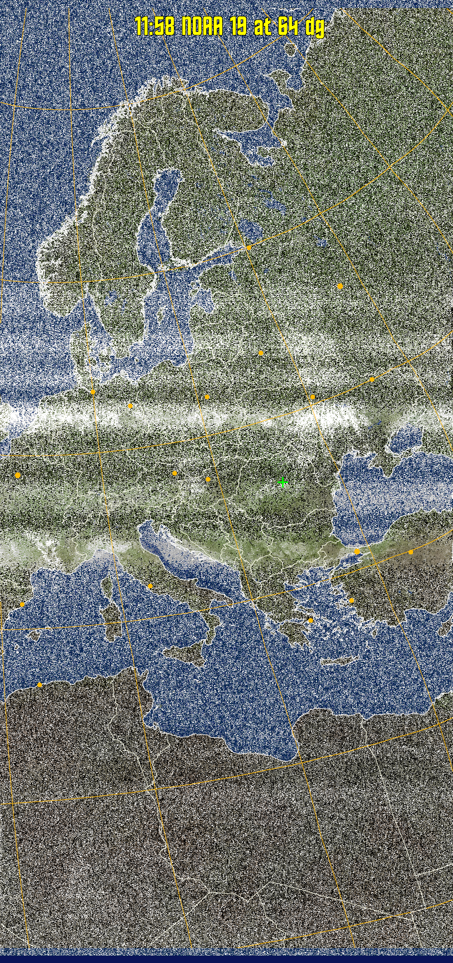 MCIR-precip: 
Colours the NOAA sensor 4 IR image using a map to colour the sea blue and land
green. High clouds appear white, lower clouds gray or land/sea coloured, clouds
generally appear lighter, but distinguishing between land/sea and low cloud may
be difficult. Darker colours indicate warmer regions.