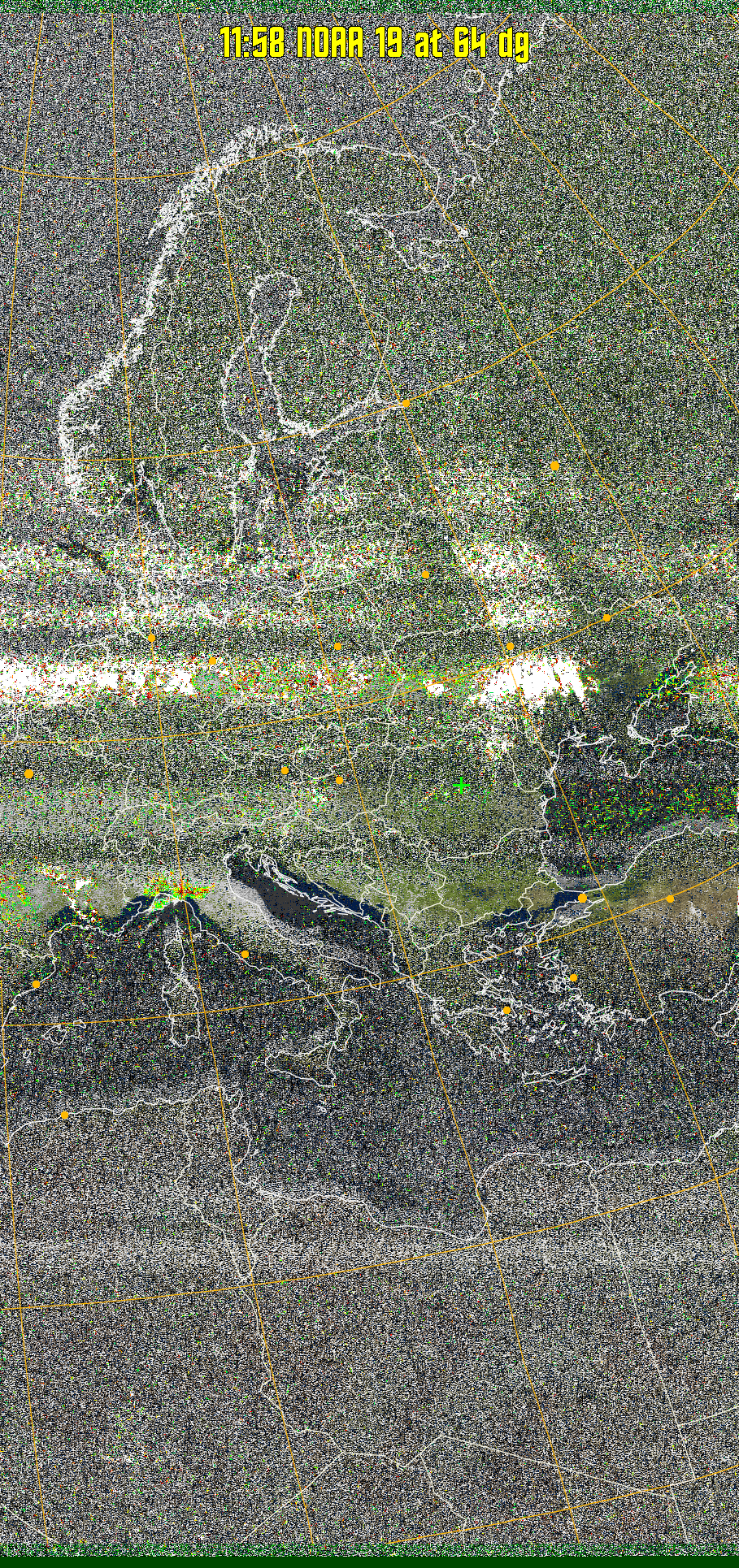 MSA-precip:
Same as MSA multispectral analysis, but high cold cloud tops are coloured the
same as the NO enhancement to give an approximate indication of the probability
and intensity of precipitation.