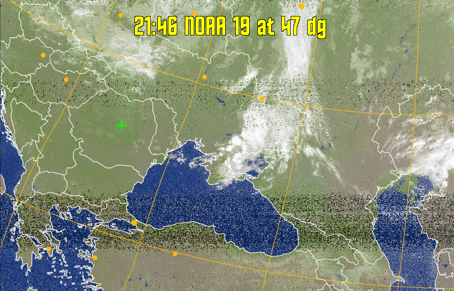 MCIR-precip: 
Colours the NOAA sensor 4 IR image using a map to colour the sea blue and land
green. High clouds appear white, lower clouds gray or land/sea coloured, clouds
generally appear lighter, but distinguishing between land/sea and low cloud may
be difficult. Darker colours indicate warmer regions.