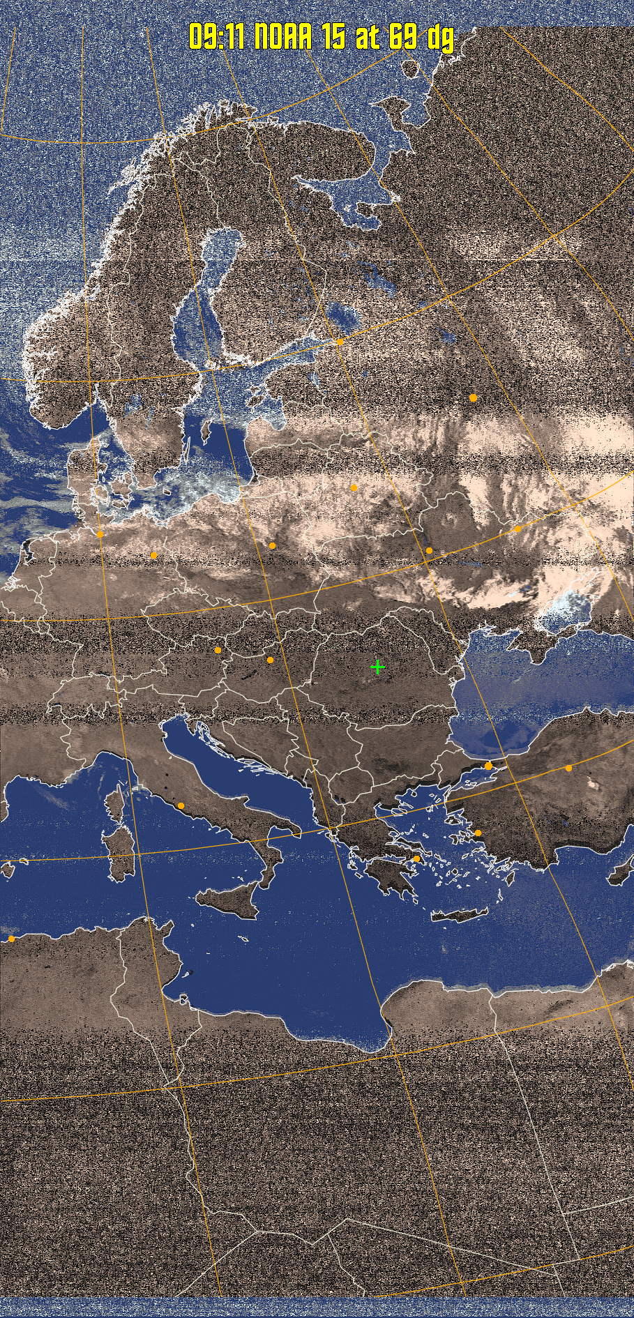 HVCT:
Similar to HVC, but with blue water and with colours more indicative of
land temperatures.
HVC:
Creates a false colour image from NOAA APT images based on temperature using
the HVC colour model. Uses the temperature derived from the sensor 4 image to
select the hue and the brightness from the histogram equalised other image to
select the value and chroma. The HVC colour model attempts to ensure that different colours at the same value will appear to the eye to be the same brightness
and the spacing between colours representing each degree will appear to the eye to
be similar. Bright areas are completely unsaturated in this model.