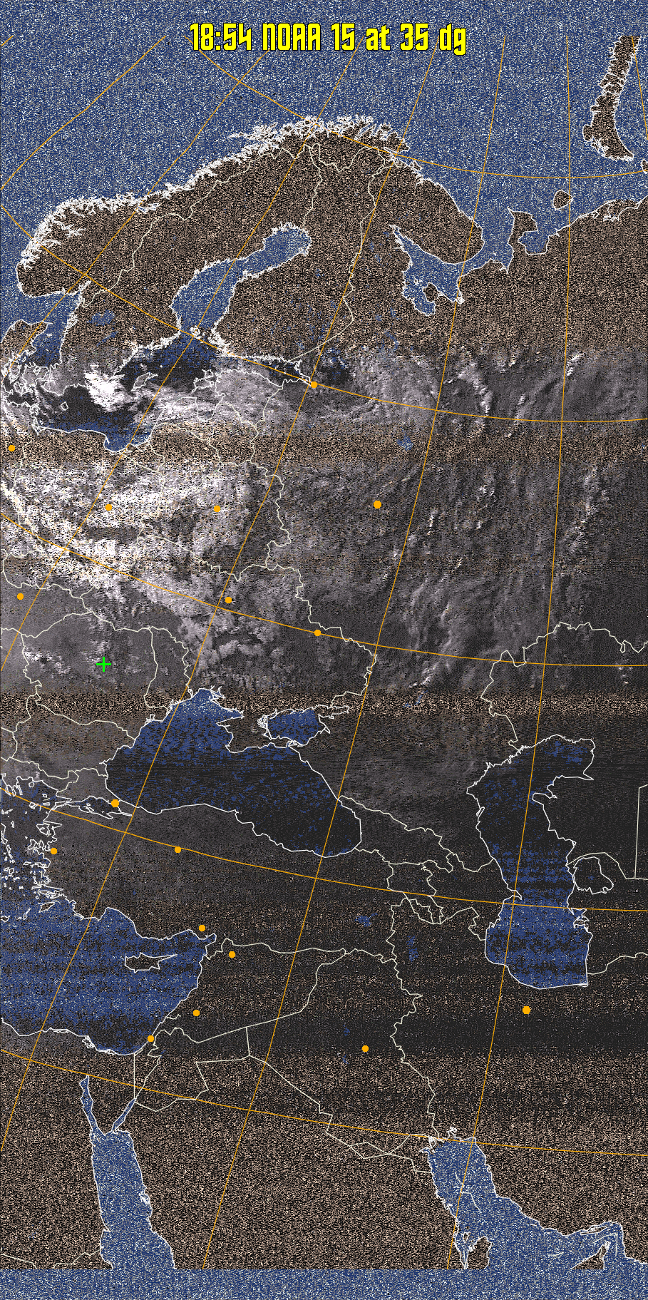 HVCT:
Similar to HVC, but with blue water and with colours more indicative of
land temperatures.
HVC:
Creates a false colour image from NOAA APT images based on temperature using
the HVC colour model. Uses the temperature derived from the sensor 4 image to
select the hue and the brightness from the histogram equalised other image to
select the value and chroma. The HVC colour model attempts to ensure that different colours at the same value will appear to the eye to be the same brightness
and the spacing between colours representing each degree will appear to the eye to
be similar. Bright areas are completely unsaturated in this model.