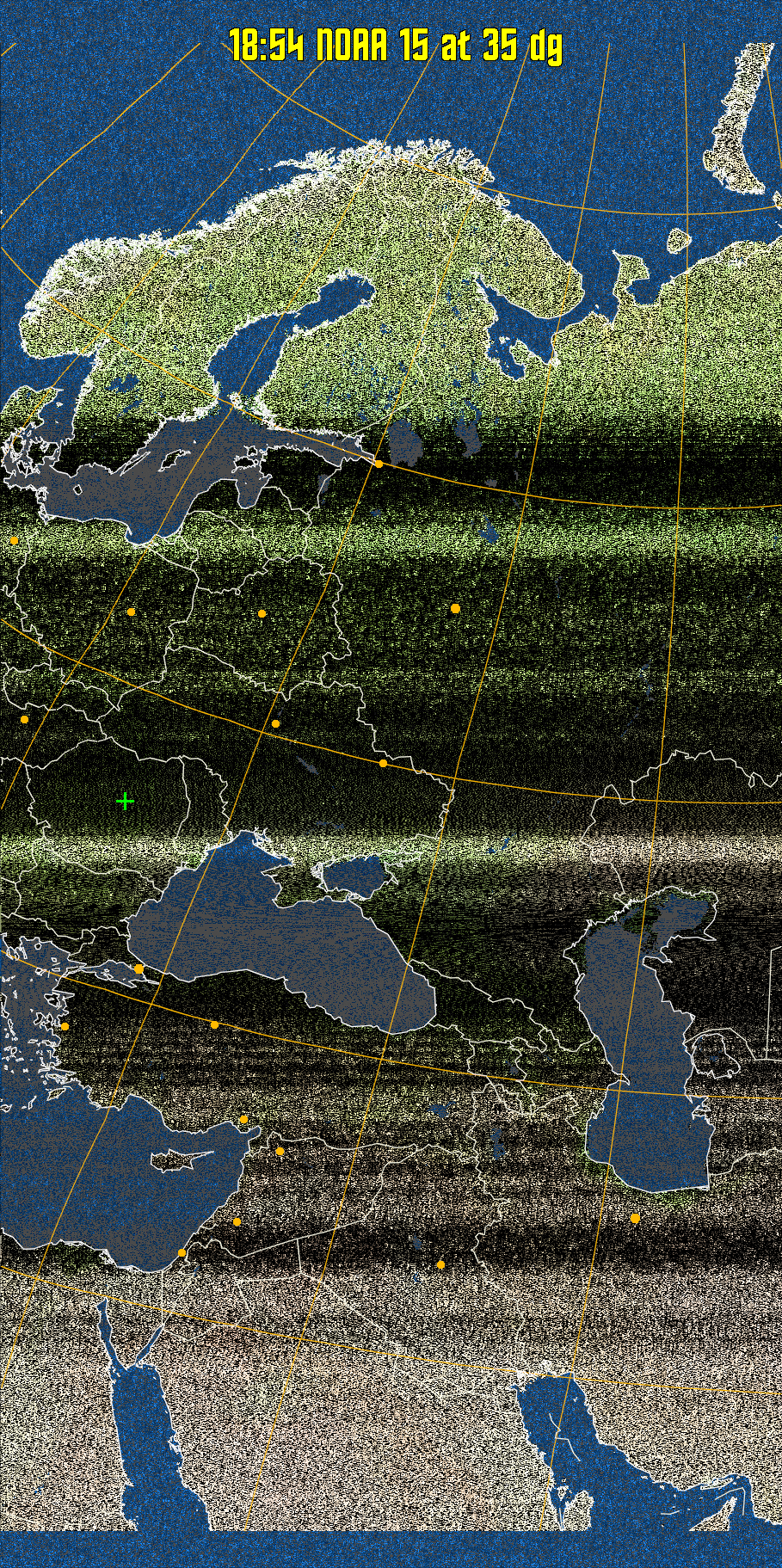 MCIR-precip: 
Colours the NOAA sensor 4 IR image using a map to colour the sea blue and land
green. High clouds appear white, lower clouds gray or land/sea coloured, clouds
generally appear lighter, but distinguishing between land/sea and low cloud may
be difficult. Darker colours indicate warmer regions.