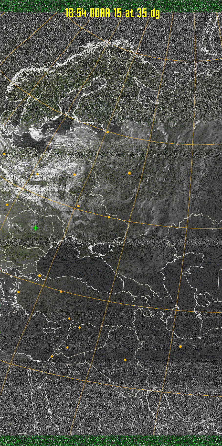 MSA-precip:
Same as MSA multispectral analysis, but high cold cloud tops are coloured the
same as the NO enhancement to give an approximate indication of the probability
and intensity of precipitation.