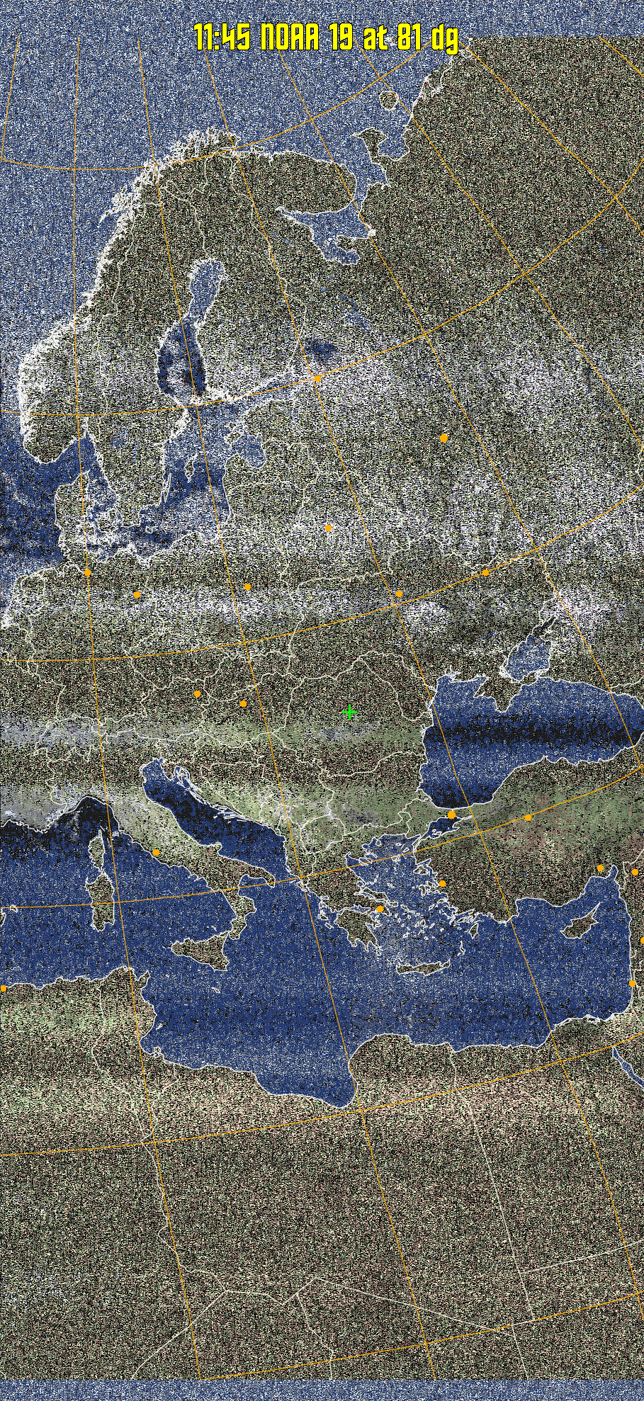 HVCT:
Similar to HVC, but with blue water and with colours more indicative of
land temperatures.
HVC:
Creates a false colour image from NOAA APT images based on temperature using
the HVC colour model. Uses the temperature derived from the sensor 4 image to
select the hue and the brightness from the histogram equalised other image to
select the value and chroma. The HVC colour model attempts to ensure that different colours at the same value will appear to the eye to be the same brightness
and the spacing between colours representing each degree will appear to the eye to
be similar. Bright areas are completely unsaturated in this model.