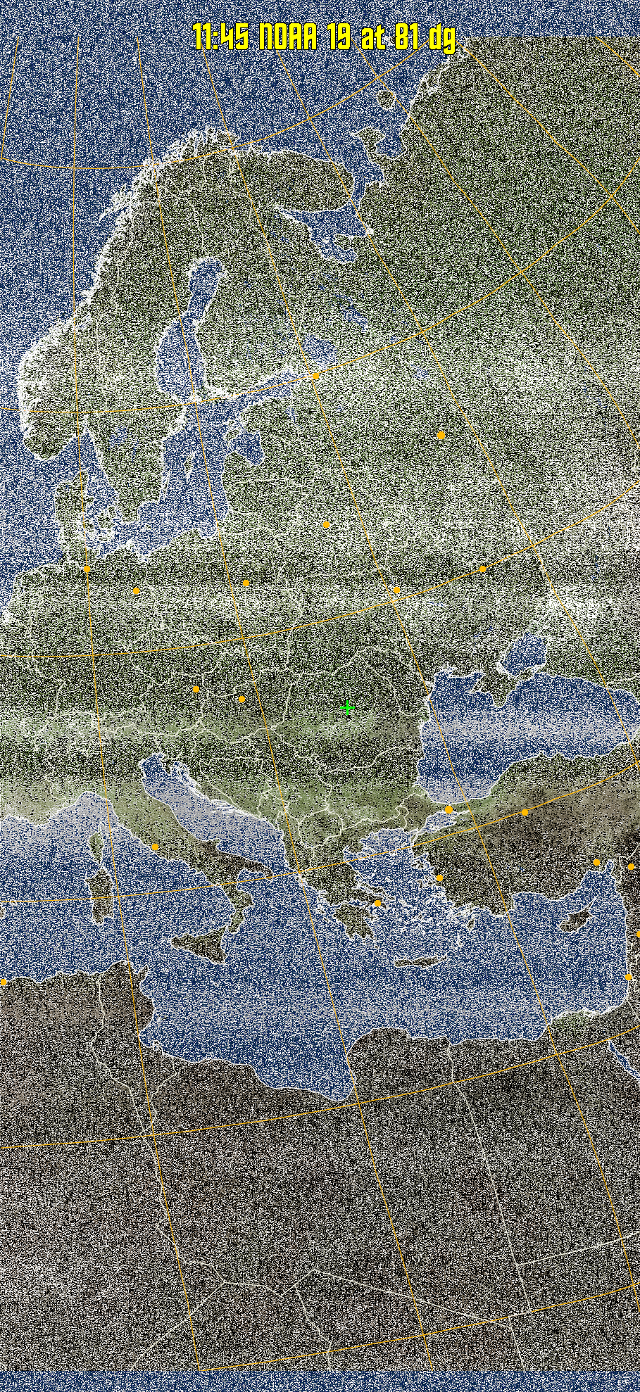 MCIR-precip: 
Colours the NOAA sensor 4 IR image using a map to colour the sea blue and land
green. High clouds appear white, lower clouds gray or land/sea coloured, clouds
generally appear lighter, but distinguishing between land/sea and low cloud may
be difficult. Darker colours indicate warmer regions.