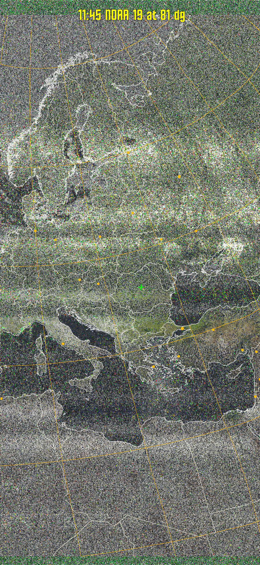 MSA-precip:
Same as MSA multispectral analysis, but high cold cloud tops are coloured the
same as the NO enhancement to give an approximate indication of the probability
and intensity of precipitation.