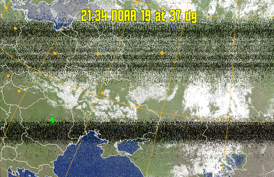 MCIR-precip: 
Colours the NOAA sensor 4 IR image using a map to colour the sea blue and land
green. High clouds appear white, lower clouds gray or land/sea coloured, clouds
generally appear lighter, but distinguishing between land/sea and low cloud may
be difficult. Darker colours indicate warmer regions.