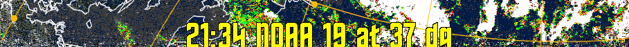 MSA-precip:
Same as MSA multispectral analysis, but high cold cloud tops are coloured the
same as the NO enhancement to give an approximate indication of the probability
and intensity of precipitation.