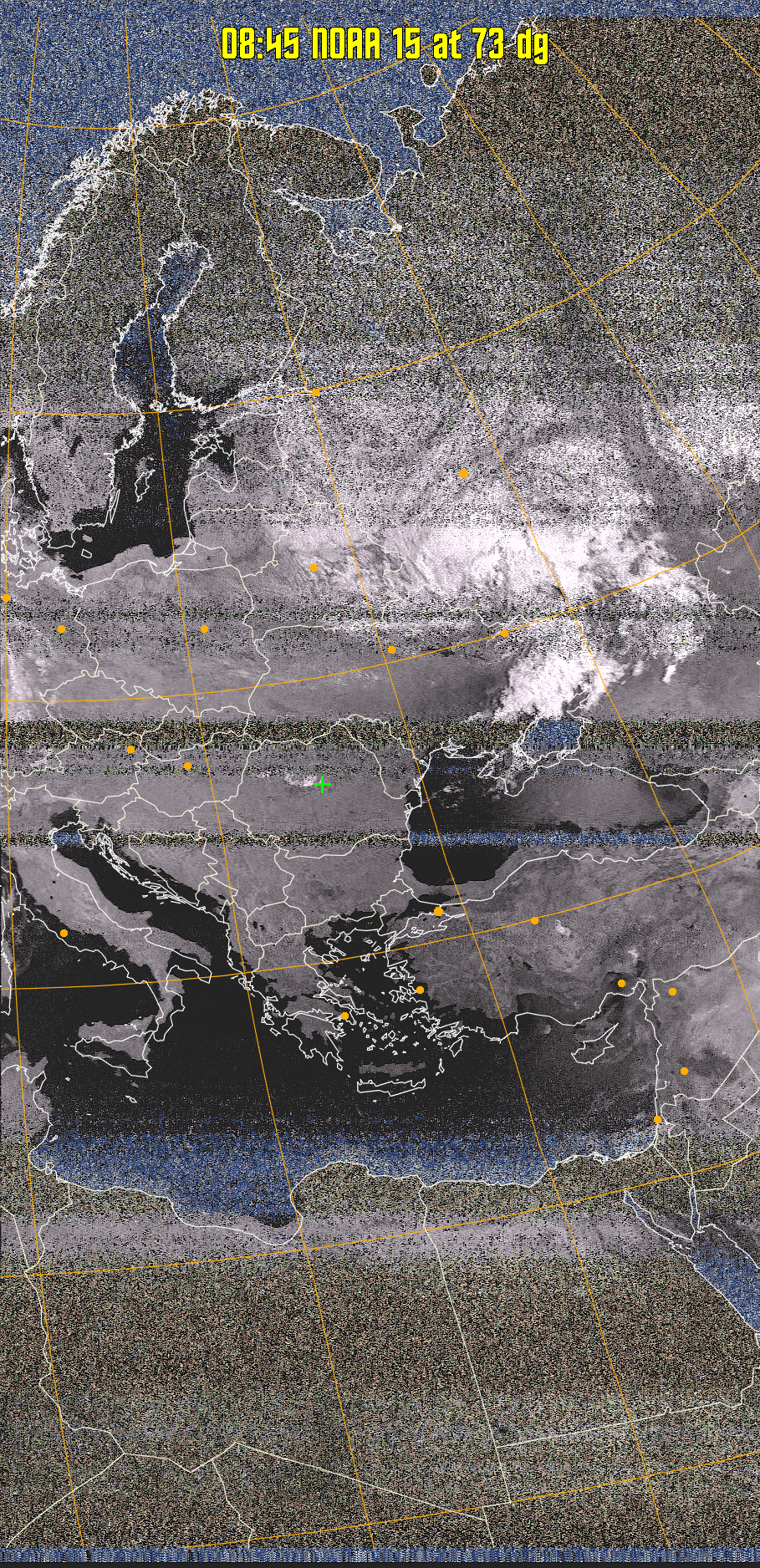 HVCT:
Similar to HVC, but with blue water and with colours more indicative of
land temperatures.
HVC:
Creates a false colour image from NOAA APT images based on temperature using
the HVC colour model. Uses the temperature derived from the sensor 4 image to
select the hue and the brightness from the histogram equalised other image to
select the value and chroma. The HVC colour model attempts to ensure that different colours at the same value will appear to the eye to be the same brightness
and the spacing between colours representing each degree will appear to the eye to
be similar. Bright areas are completely unsaturated in this model.