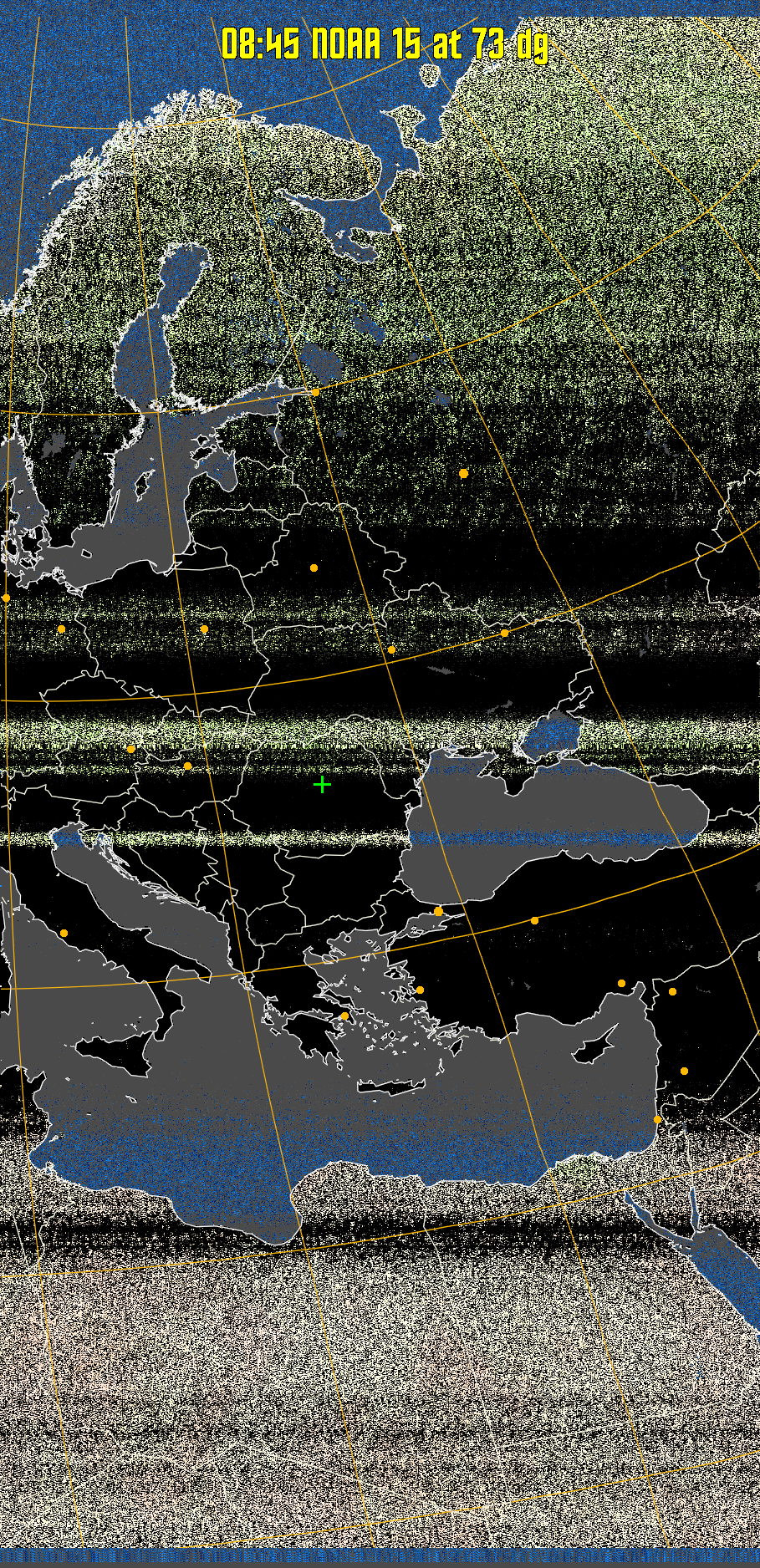 MCIR-precip: 
Colours the NOAA sensor 4 IR image using a map to colour the sea blue and land
green. High clouds appear white, lower clouds gray or land/sea coloured, clouds
generally appear lighter, but distinguishing between land/sea and low cloud may
be difficult. Darker colours indicate warmer regions.