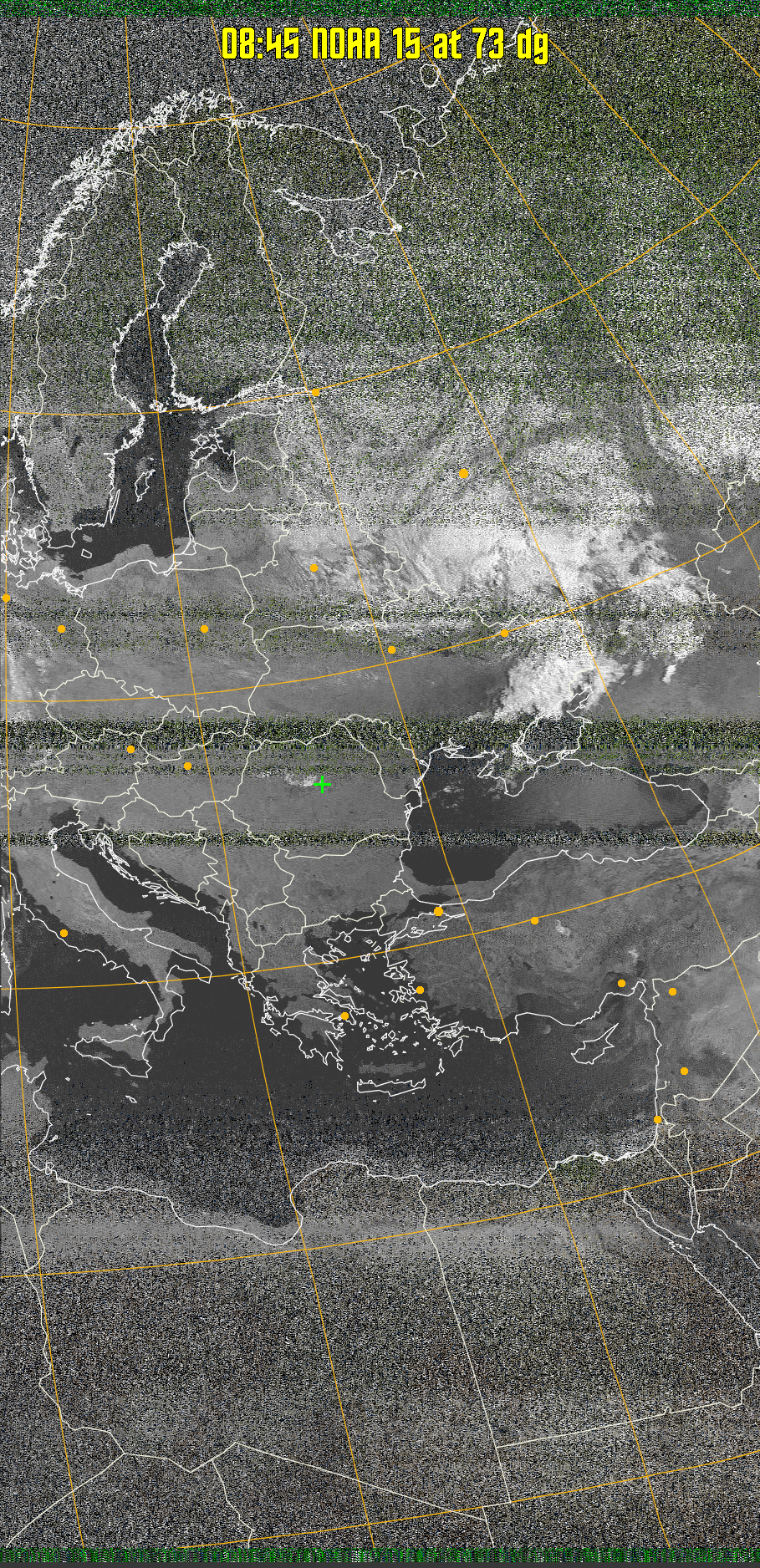 MSA-precip:
Same as MSA multispectral analysis, but high cold cloud tops are coloured the
same as the NO enhancement to give an approximate indication of the probability
and intensity of precipitation.