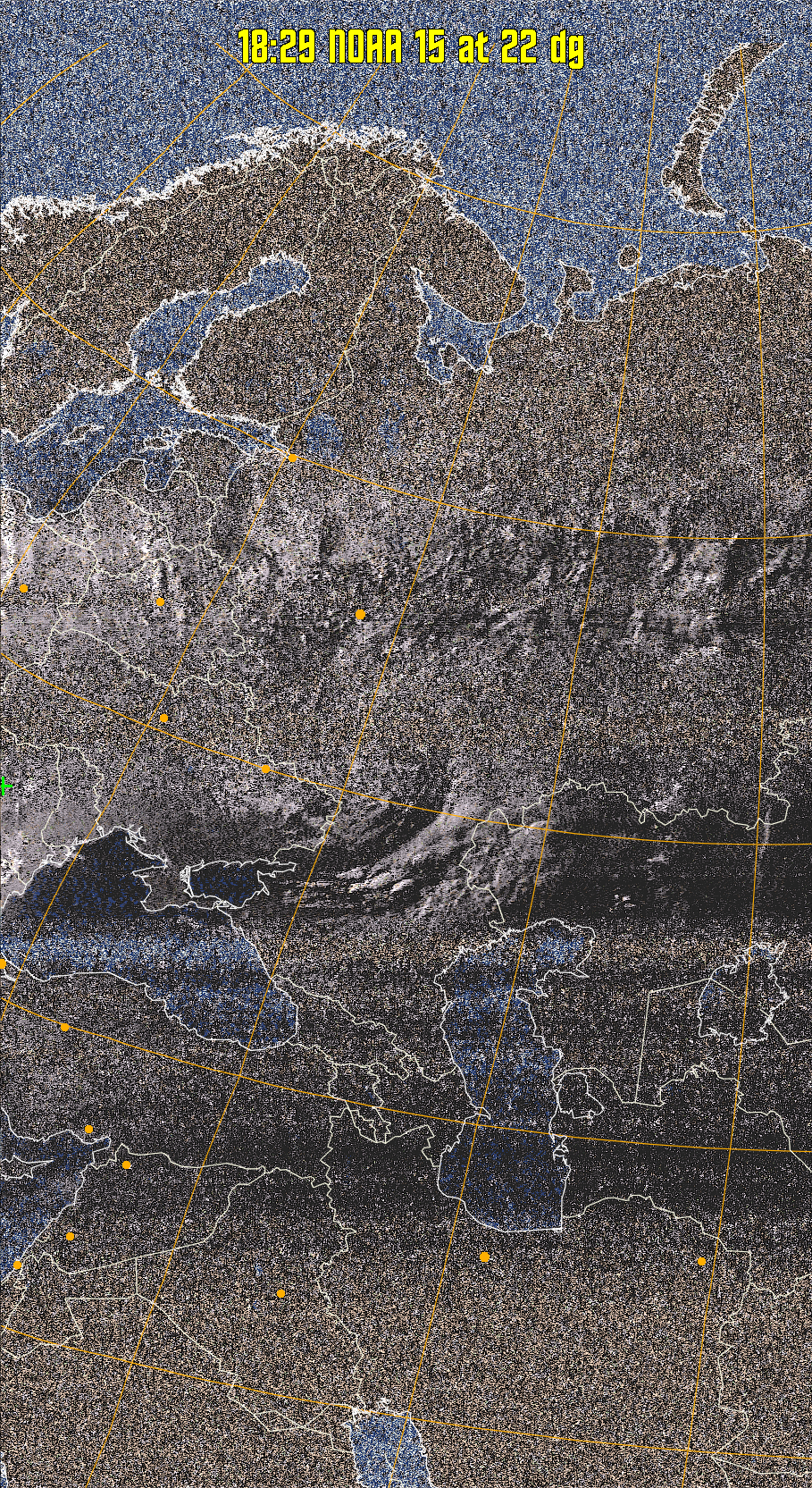 HVCT:
Similar to HVC, but with blue water and with colours more indicative of
land temperatures.
HVC:
Creates a false colour image from NOAA APT images based on temperature using
the HVC colour model. Uses the temperature derived from the sensor 4 image to
select the hue and the brightness from the histogram equalised other image to
select the value and chroma. The HVC colour model attempts to ensure that different colours at the same value will appear to the eye to be the same brightness
and the spacing between colours representing each degree will appear to the eye to
be similar. Bright areas are completely unsaturated in this model.