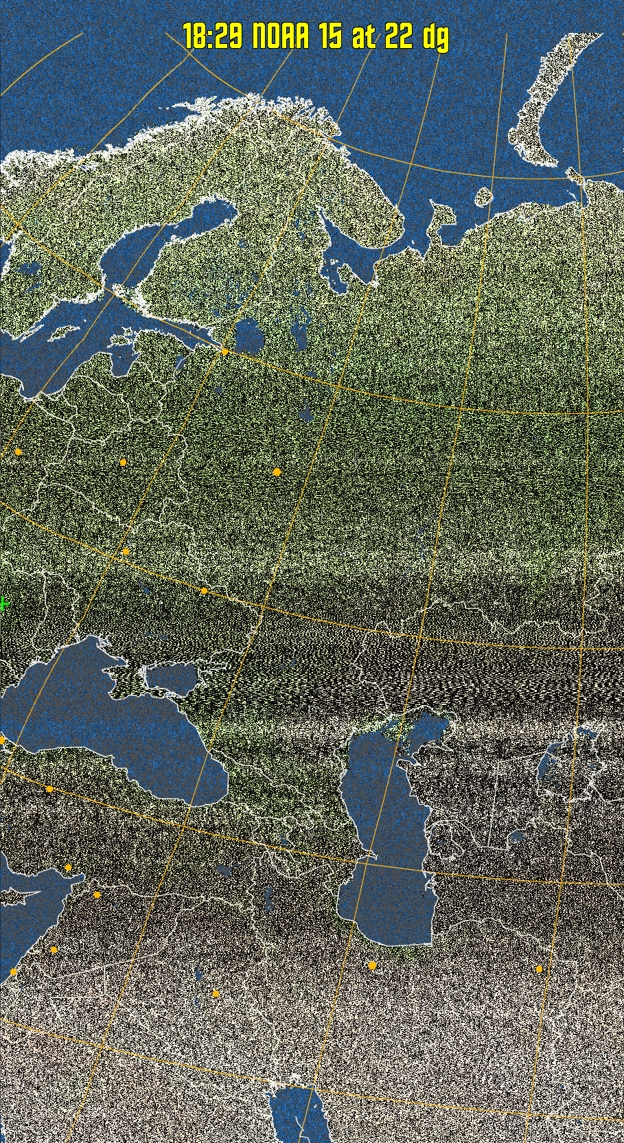MCIR-precip: 
Colours the NOAA sensor 4 IR image using a map to colour the sea blue and land
green. High clouds appear white, lower clouds gray or land/sea coloured, clouds
generally appear lighter, but distinguishing between land/sea and low cloud may
be difficult. Darker colours indicate warmer regions.