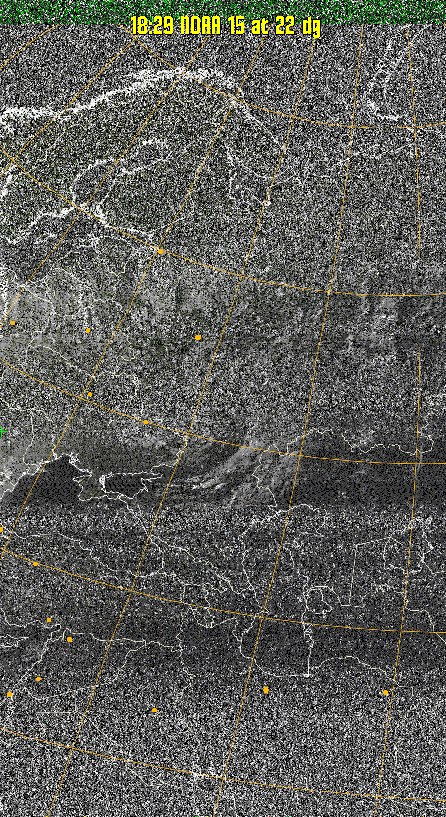 MSA-precip:
Same as MSA multispectral analysis, but high cold cloud tops are coloured the
same as the NO enhancement to give an approximate indication of the probability
and intensity of precipitation.