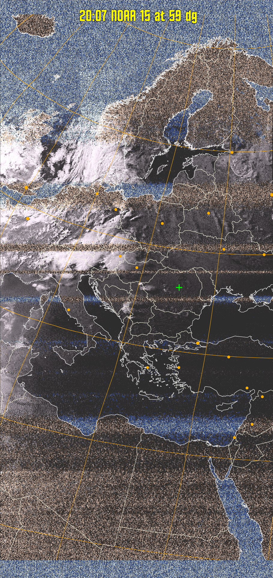 HVCT:
Similar to HVC, but with blue water and with colours more indicative of
land temperatures.
HVC:
Creates a false colour image from NOAA APT images based on temperature using
the HVC colour model. Uses the temperature derived from the sensor 4 image to
select the hue and the brightness from the histogram equalised other image to
select the value and chroma. The HVC colour model attempts to ensure that different colours at the same value will appear to the eye to be the same brightness
and the spacing between colours representing each degree will appear to the eye to
be similar. Bright areas are completely unsaturated in this model.