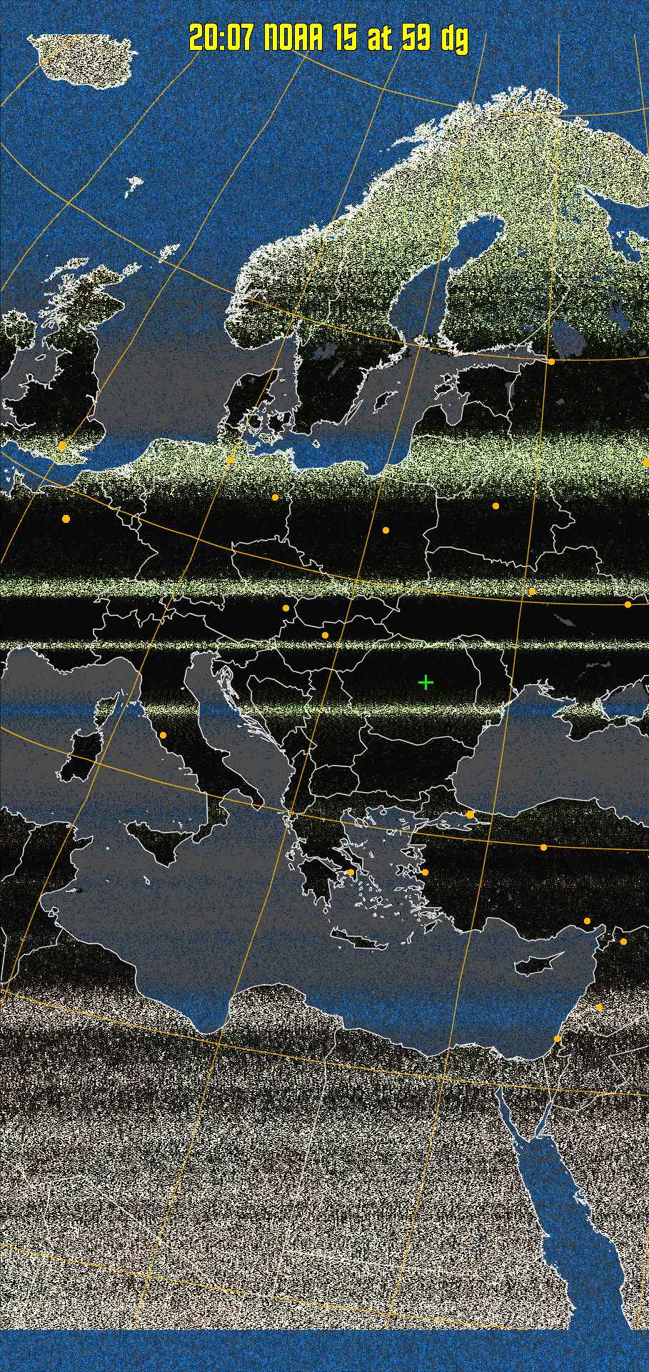 MCIR-precip: 
Colours the NOAA sensor 4 IR image using a map to colour the sea blue and land
green. High clouds appear white, lower clouds gray or land/sea coloured, clouds
generally appear lighter, but distinguishing between land/sea and low cloud may
be difficult. Darker colours indicate warmer regions.