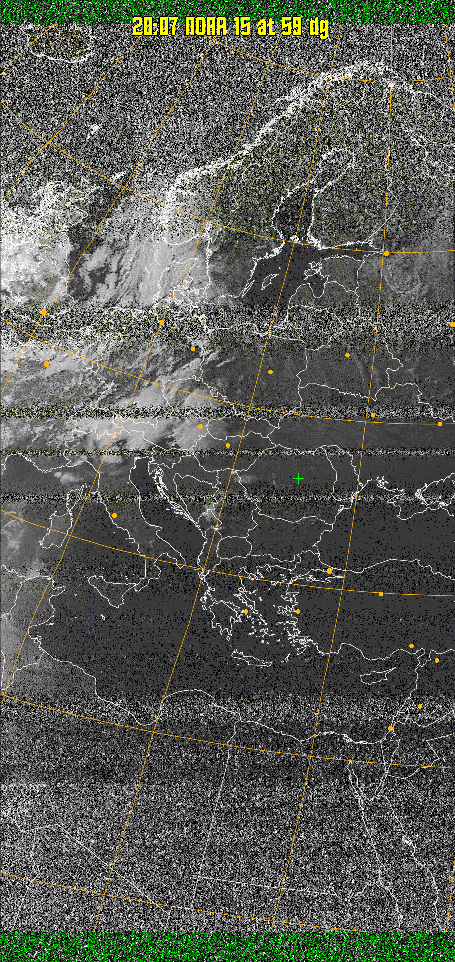 MSA-precip:
Same as MSA multispectral analysis, but high cold cloud tops are coloured the
same as the NO enhancement to give an approximate indication of the probability
and intensity of precipitation.
