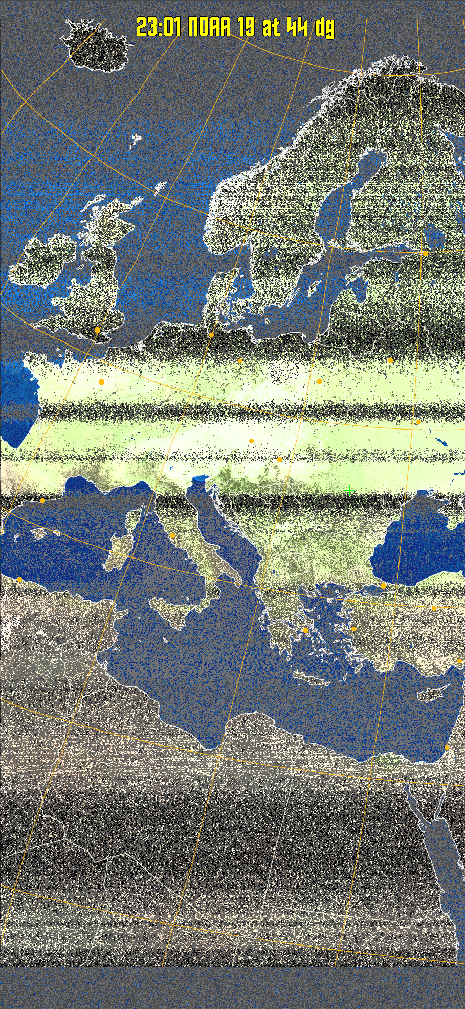 MCIR-precip: 
Colours the NOAA sensor 4 IR image using a map to colour the sea blue and land
green. High clouds appear white, lower clouds gray or land/sea coloured, clouds
generally appear lighter, but distinguishing between land/sea and low cloud may
be difficult. Darker colours indicate warmer regions.