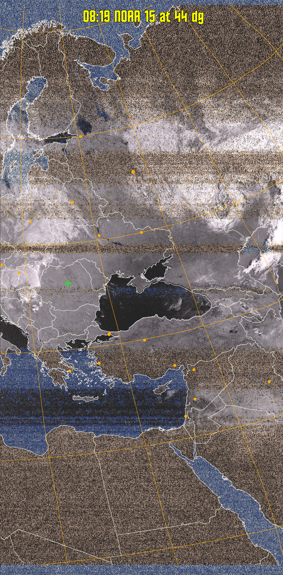 HVCT:
Similar to HVC, but with blue water and with colours more indicative of
land temperatures.
HVC:
Creates a false colour image from NOAA APT images based on temperature using
the HVC colour model. Uses the temperature derived from the sensor 4 image to
select the hue and the brightness from the histogram equalised other image to
select the value and chroma. The HVC colour model attempts to ensure that different colours at the same value will appear to the eye to be the same brightness
and the spacing between colours representing each degree will appear to the eye to
be similar. Bright areas are completely unsaturated in this model.