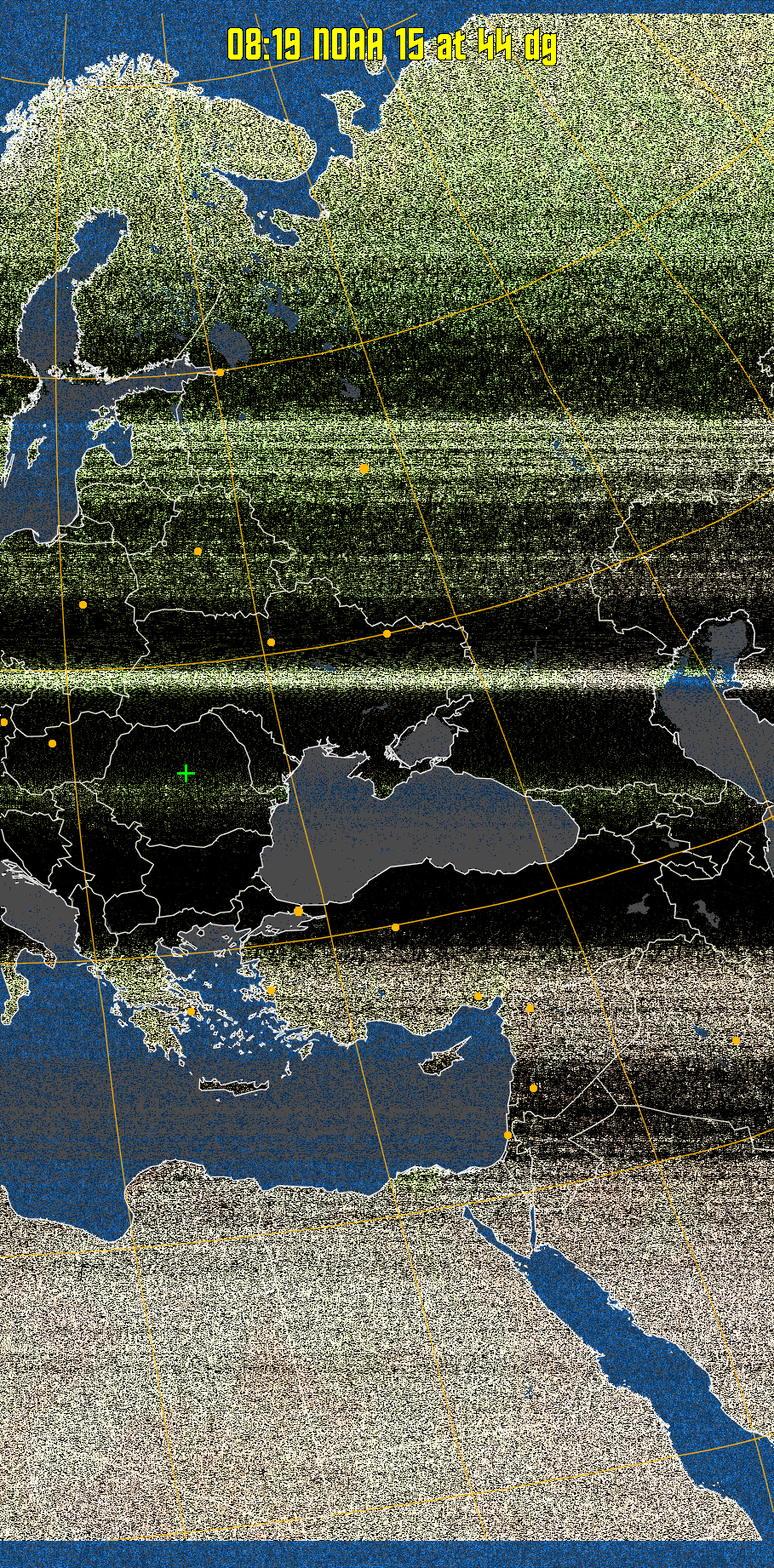 MCIR-precip: 
Colours the NOAA sensor 4 IR image using a map to colour the sea blue and land
green. High clouds appear white, lower clouds gray or land/sea coloured, clouds
generally appear lighter, but distinguishing between land/sea and low cloud may
be difficult. Darker colours indicate warmer regions.
