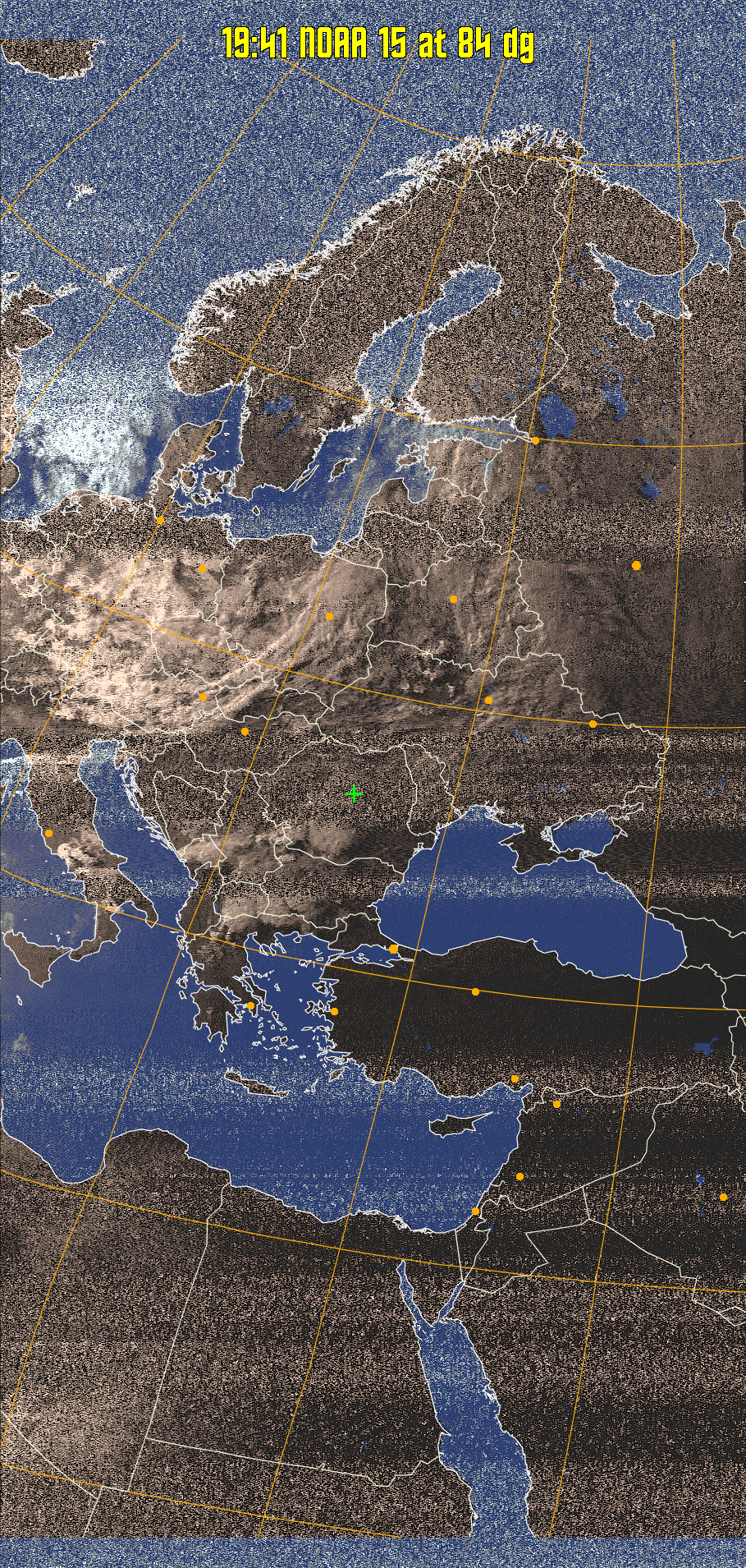 HVCT:
Similar to HVC, but with blue water and with colours more indicative of
land temperatures.
HVC:
Creates a false colour image from NOAA APT images based on temperature using
the HVC colour model. Uses the temperature derived from the sensor 4 image to
select the hue and the brightness from the histogram equalised other image to
select the value and chroma. The HVC colour model attempts to ensure that different colours at the same value will appear to the eye to be the same brightness
and the spacing between colours representing each degree will appear to the eye to
be similar. Bright areas are completely unsaturated in this model.