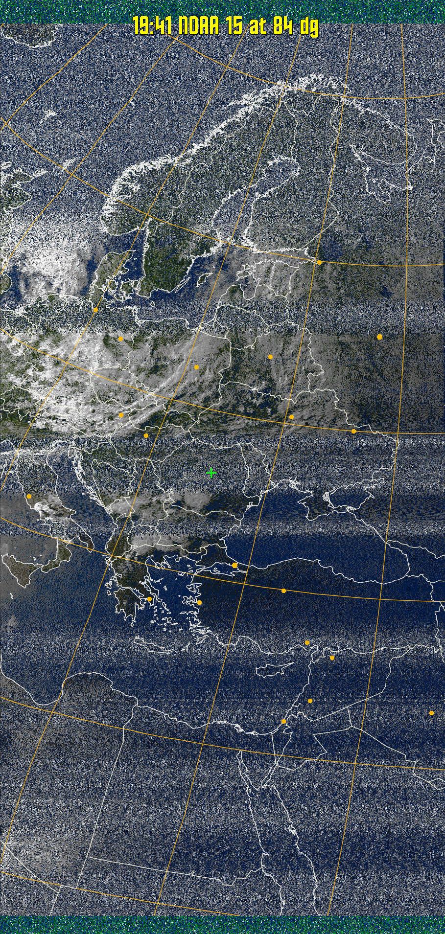 MSA-precip:
Same as MSA multispectral analysis, but high cold cloud tops are coloured the
same as the NO enhancement to give an approximate indication of the probability
and intensity of precipitation.
