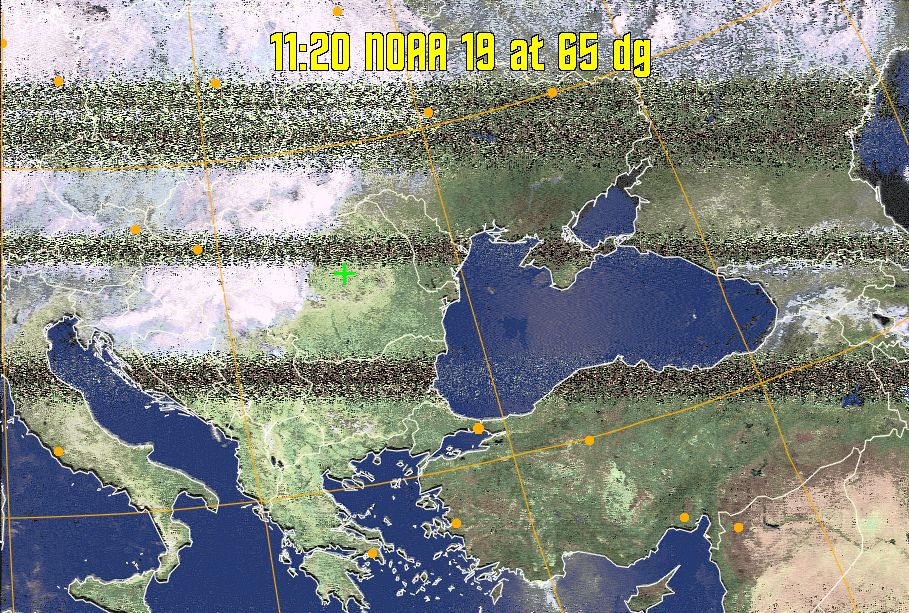HVCT:
Similar to HVC, but with blue water and with colours more indicative of
land temperatures.
HVC:
Creates a false colour image from NOAA APT images based on temperature using
the HVC colour model. Uses the temperature derived from the sensor 4 image to
select the hue and the brightness from the histogram equalised other image to
select the value and chroma. The HVC colour model attempts to ensure that different colours at the same value will appear to the eye to be the same brightness
and the spacing between colours representing each degree will appear to the eye to
be similar. Bright areas are completely unsaturated in this model.