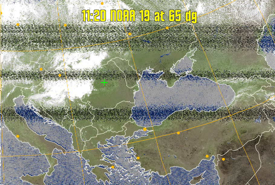 MCIR-precip: 
Colours the NOAA sensor 4 IR image using a map to colour the sea blue and land
green. High clouds appear white, lower clouds gray or land/sea coloured, clouds
generally appear lighter, but distinguishing between land/sea and low cloud may
be difficult. Darker colours indicate warmer regions.